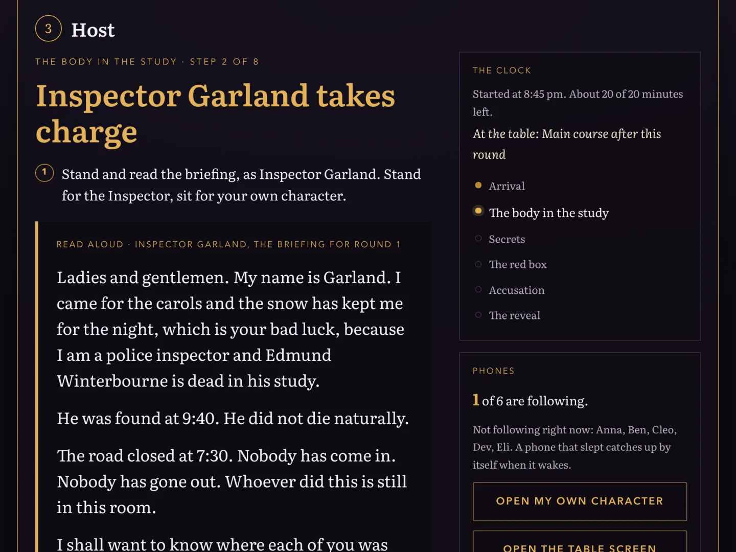 The host's screen on the night: the step of the evening, the words to read aloud and the rounds still to come